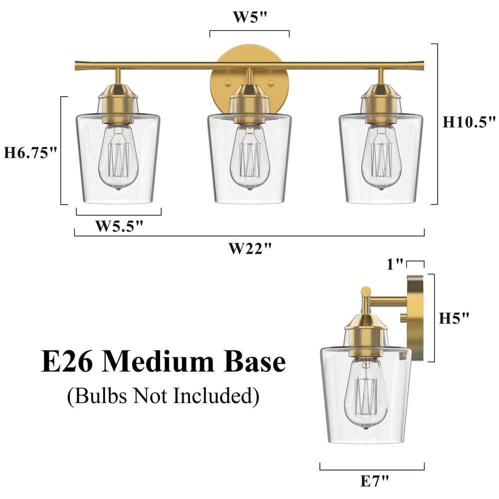Antique Brass 3-Light Dimmable Bathroom Vanity Light with Clear Glass Shades