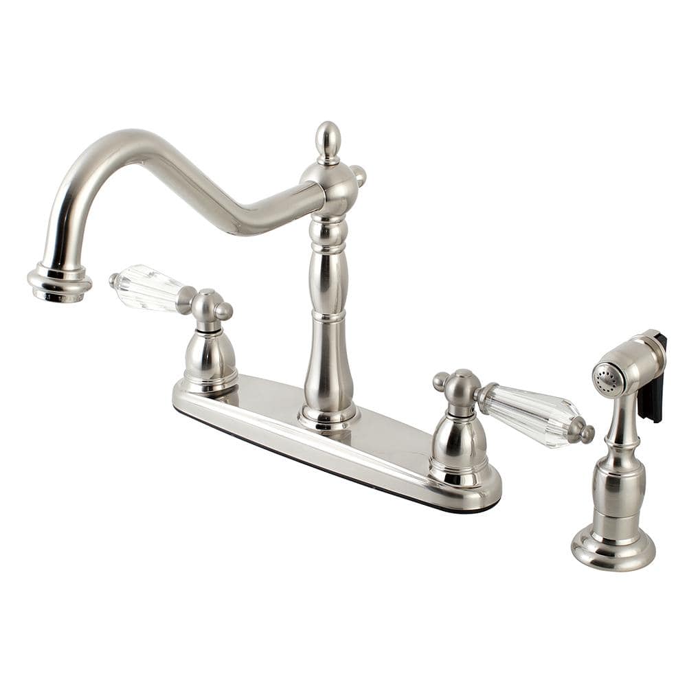 Crystal 2-Handle Standard Kitchen Faucet with Side Sprayer in Brushed Nickel