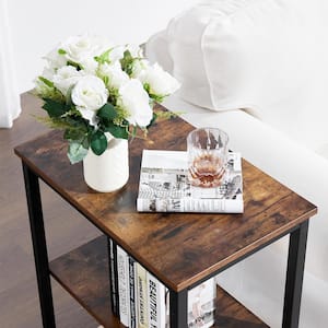 3-Tier Brown Side Table，Stable Open Book Shelves with Metal Frames, Rectangle End table，13.8"W x 21.6"D x 30"H，Set Of 2