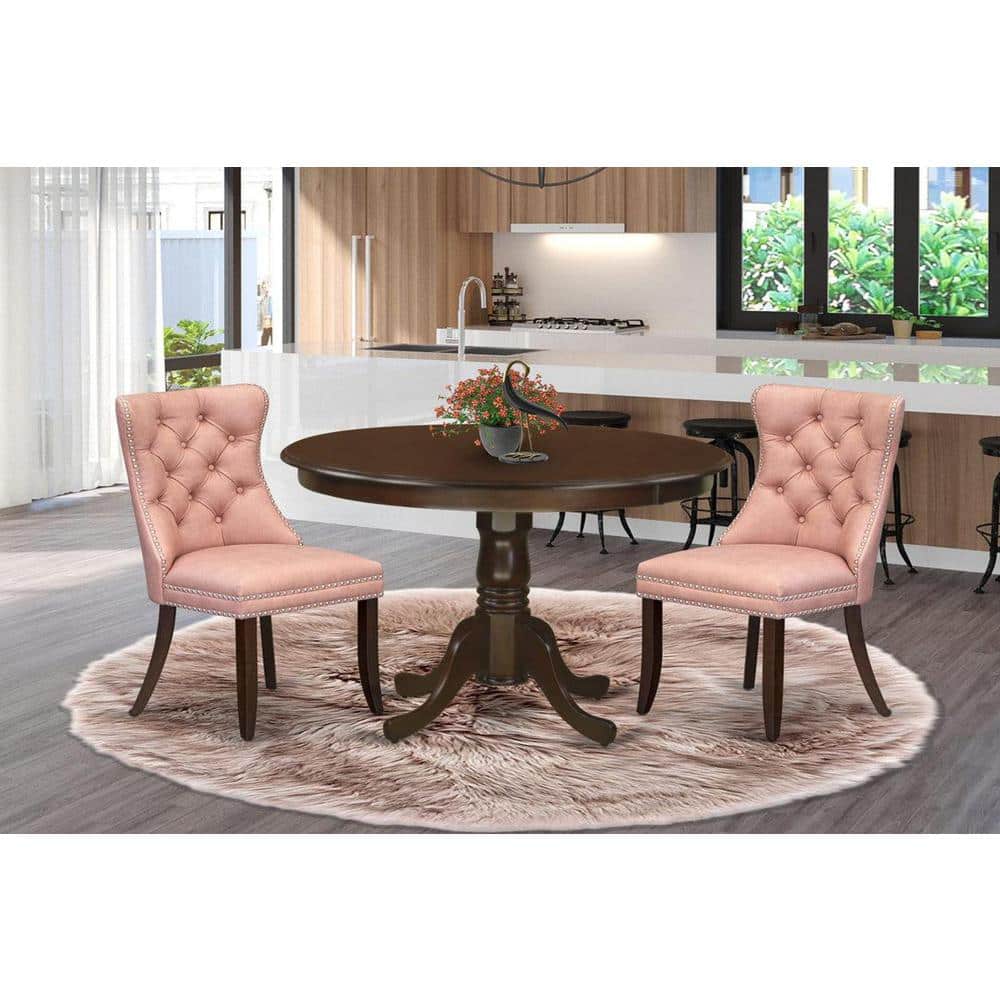 Mahogany Finish Round Pedestal Dining Table with Pink Tufted Chairs