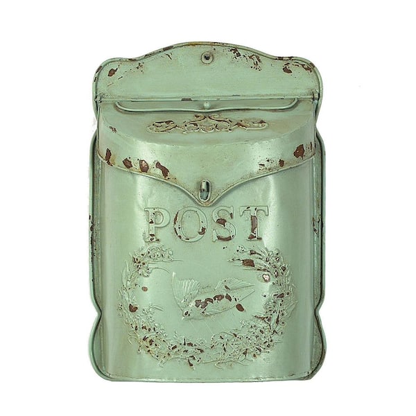 Storied Home Embossed Metal in Distressed Finish DecorativePost Box, Aqua Green