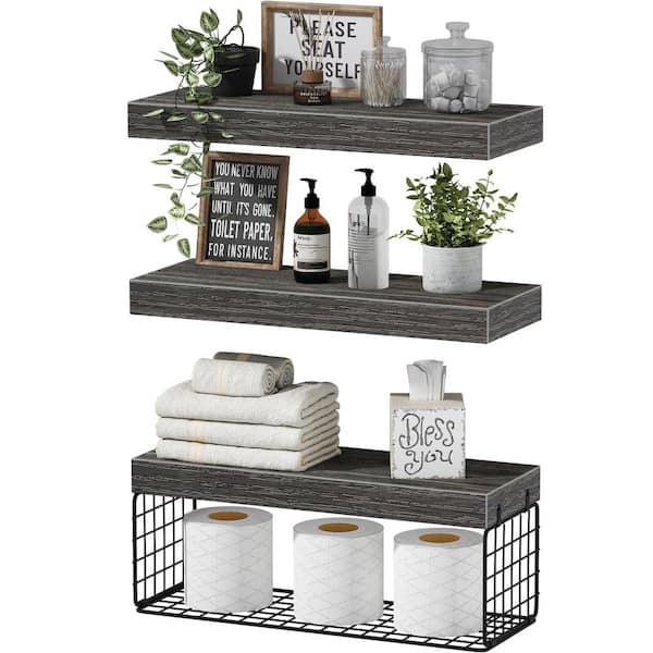 Angel Sar 16 in. Wall Mounted Floating Bathroom Shelves for Toilet Paper Storage, Gray (3-Pack)