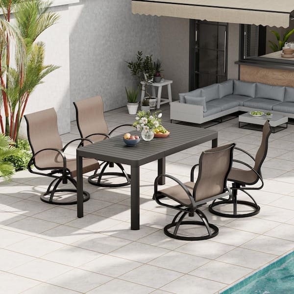 Pellebant Black Swivel Aluminum Sunbrella Textilene Mesh Fabric Outdoor Dining Chair in Augustine Ashe (Set of 4)