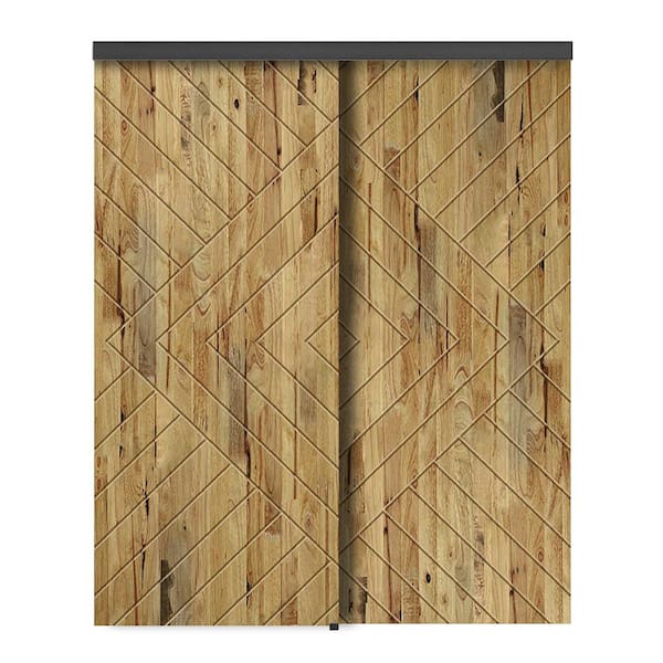 60 in. x 96 in. Hollow Core Weather Oak Stained Pine Wood Interior Double Sliding Closet Doors