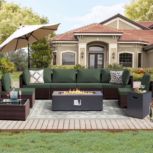 UPHA 9-Piece Outdoor Brown Rattan Seating Set with Pine Green Cushions, a 42 in. Dark Grey Rectangle Fire Pit and Tank Cover