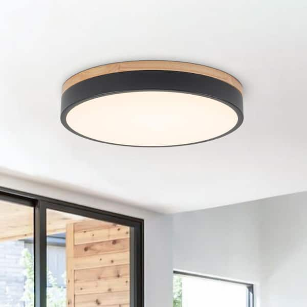 Lumin 1-Light 15.7 in. W Matte Black Selectable CCT Color Changing LED Round Wood Ceiling Flush Mount Light Fixture