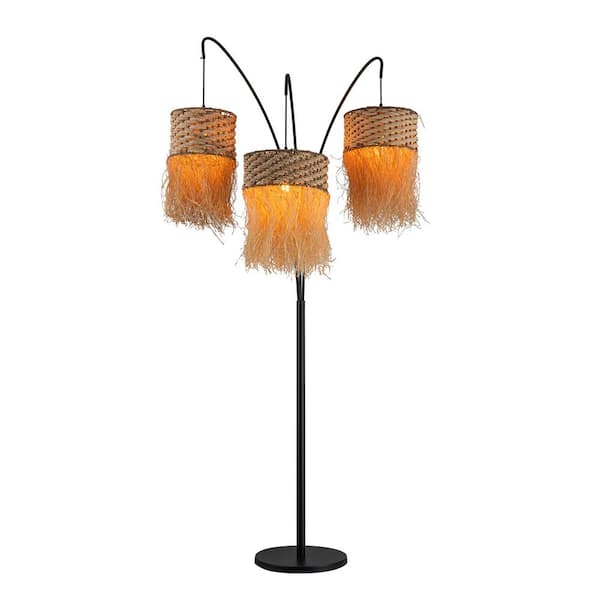ELE Light & Decor Amber 3-Light 72 in. Matte Black Rattan Raffia Arc Floor Lamp Natural Boho Shade