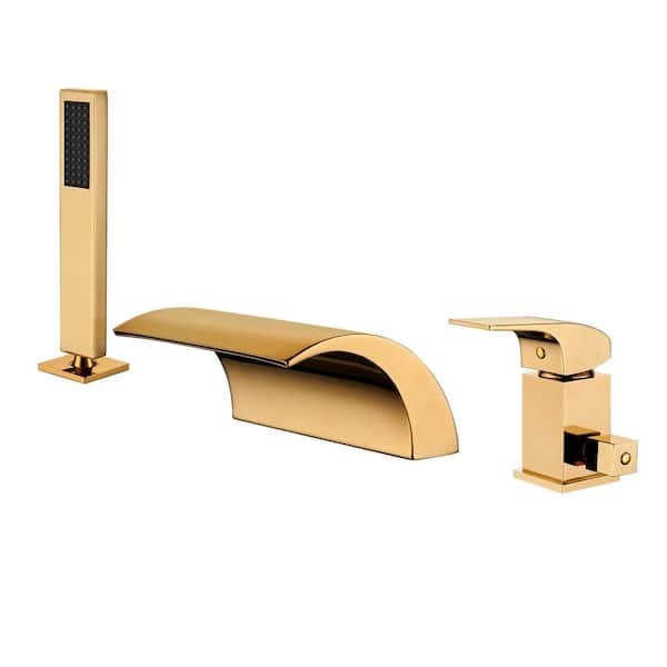 Dimakai Single-Handle Tub-Mount Roman Tub Faucet with Hand Shower in Brushed Gold