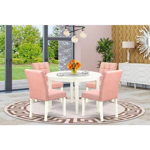 5-Piece Linen White Solid Wood Top - Round Dining Room Set with Dropleaf - Seats 4 Breakfast Table
