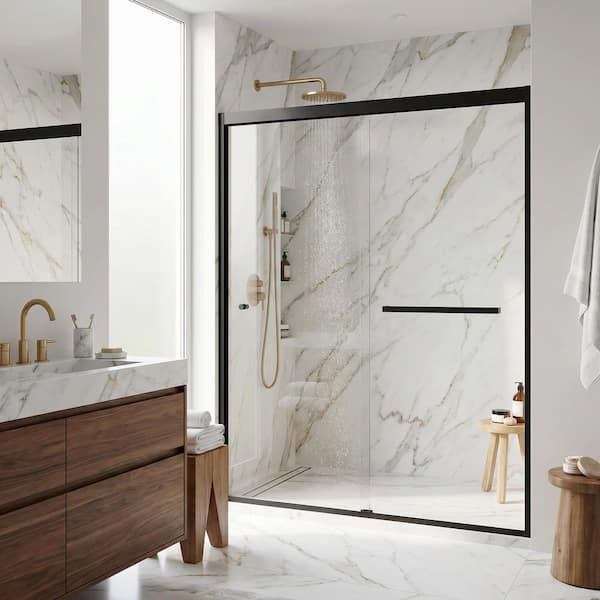 Satro 56 to 60 in. W x 74 in. H Double-Sliding Framed Shower Door in Matte Black with Clear Glass