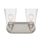 Zane 12.5 in. 2-Light Brushed Nickel Industrial Vanity with Clear Seedy Glass Shades