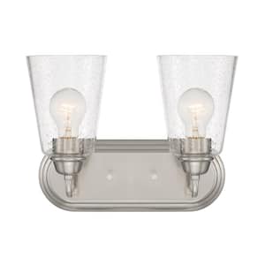 Zane 12.5 in. 2-Light Brushed Nickel Industrial Vanity with Clear Seedy Glass Shades