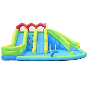 Multi-Colored 7 in 1 Inflatable Water Park Three Slide with Blower Water Gun Sprinkler Fountain Climbing Wall