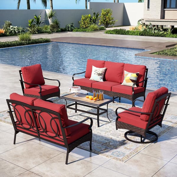 PHI VILLA Brown Rattan 5-Piece 7 Seat Steel Outdoor Patio Conversation Set with Red Cushions, Swivel Sofas and Wood-Grain Table