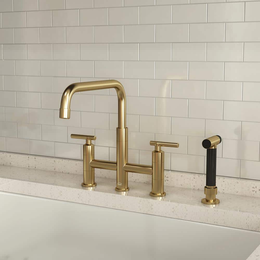 Brushed Gold Bridge Kitchen Faucet with Pull-out Spray