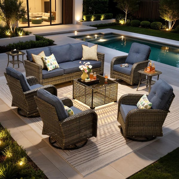 Positano Gray 8-Piece Wicker Patio Conversation Set with Denim Blue Cushions and Solar LED Coffee Table