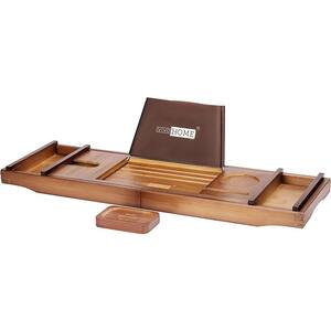 Expandable 43 Inch Bamboo Bathtub Caddy Tray in Brown with Holders, Soap Tray, Wine Glass Slot