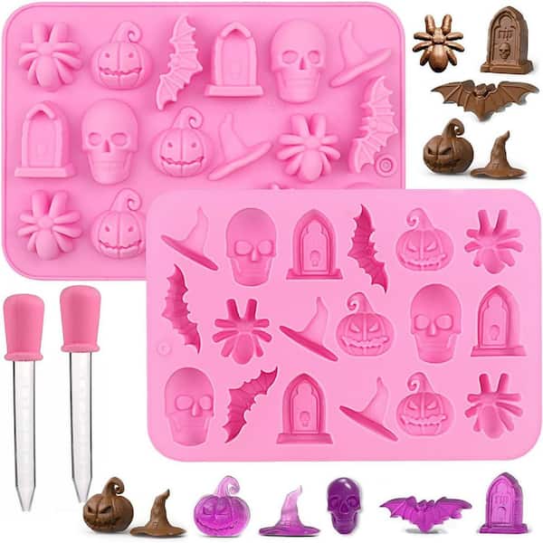2-Pack Halloween 3D Silicone Molds, Skull Pumpkin Bat Ghost Witch Hat Spider Tombstone Chocolate Gummy Molds