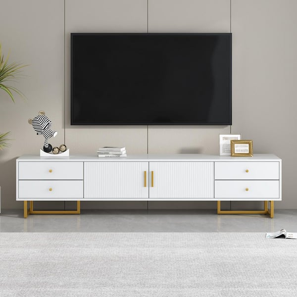White 70.9 in. Modern MDF and Metal TV Stand with 4 Drawers and Wave Groove Cabinet (Max TV Size 75 in.)