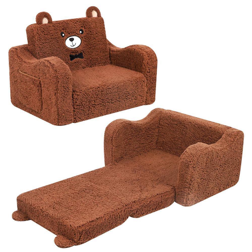 Angel Sar Brown Polyester 2-in-1 Kids Sofa Chairs, Teddy Bear