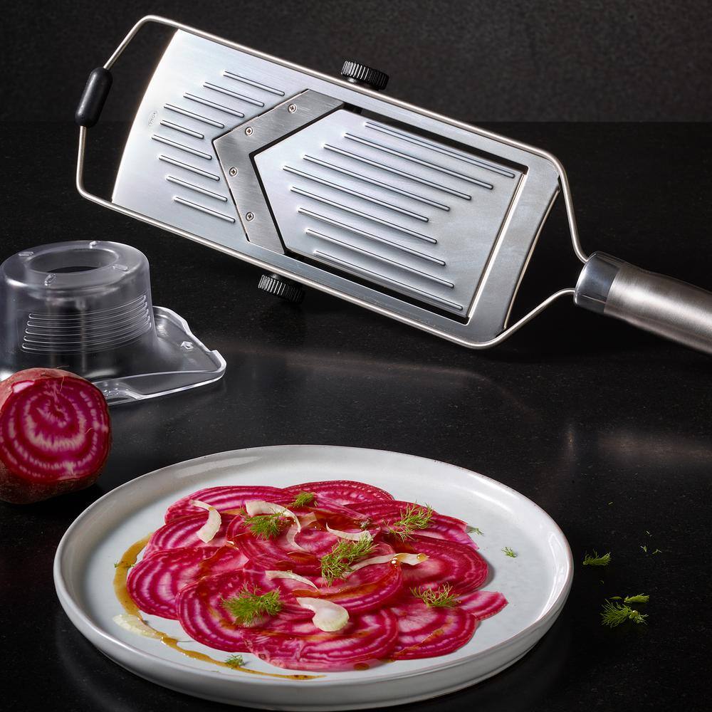 Adjustable Stainless Steel V-Shaped Mandoline Slicer with Silicone Stand