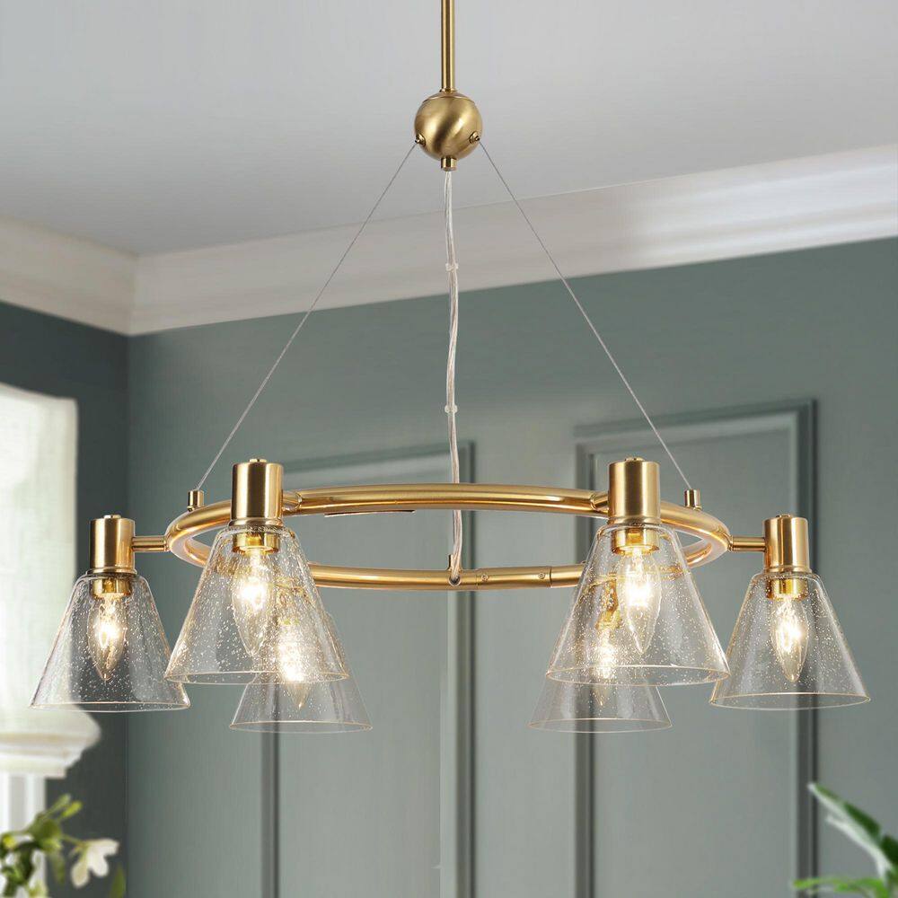 Modern 6-Light Plated Natural Brass Wagon Wheel Chandelier for Living Room, with Bell Clear Seeded Glass Shade price history on PriceWatchPro