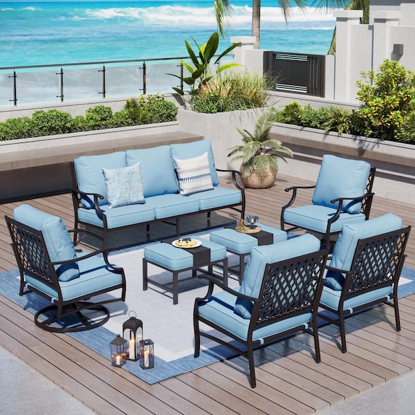 PHI VILLA Black Meshed 9-Seat 7-Piece Metal Outdoor Patio Conversation Set with Blue Cushions, 2 Swivel Chairs and 2 Ottomans