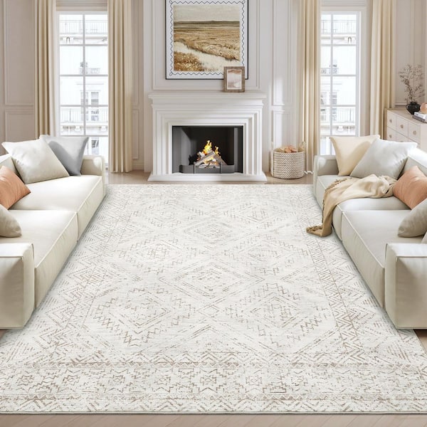 Off-White 10 ft. x 13 ft. Washable Vintage Distressed Bohemian Style Polyester Area Rug