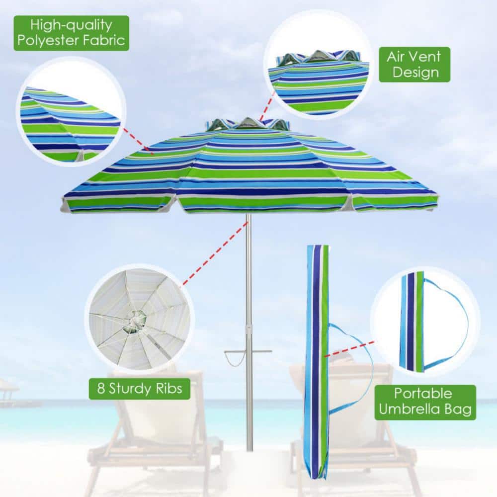 Green 6.5 ft Beach Umbrella with Sun Shade and Carry Bag