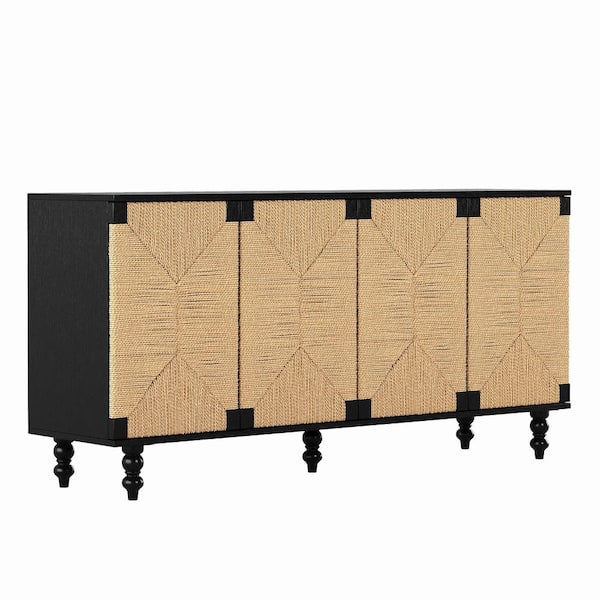 Black + Natural 29.53 in. Accent Cabinet Office Storage Cabinet with 4 Shelves and Handwoven Seagrass Doors