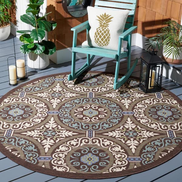 Veranda Chocolate/Cream 3 ft. x 3 ft. Border Geometric Indoor/Outdoor Round Area Rug