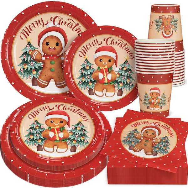 100Pcs Gingerbread Christmas Tableware Set in Red and Green, Paper Plates, Napkins, Cups for Holiday Parties, Serves 25
