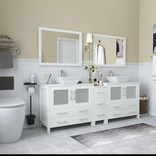 Ravenna 84 in. W Bathroom Vanity in White with Double Basin in White Engineered Marble Top and Mirrors