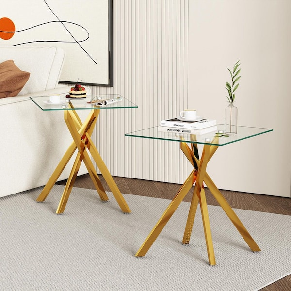 GOGEXX 1 Piece 17.72 in. Square Clear Tempered Glass End Table with Gold Metal Legs, Modern Living Room Side Table