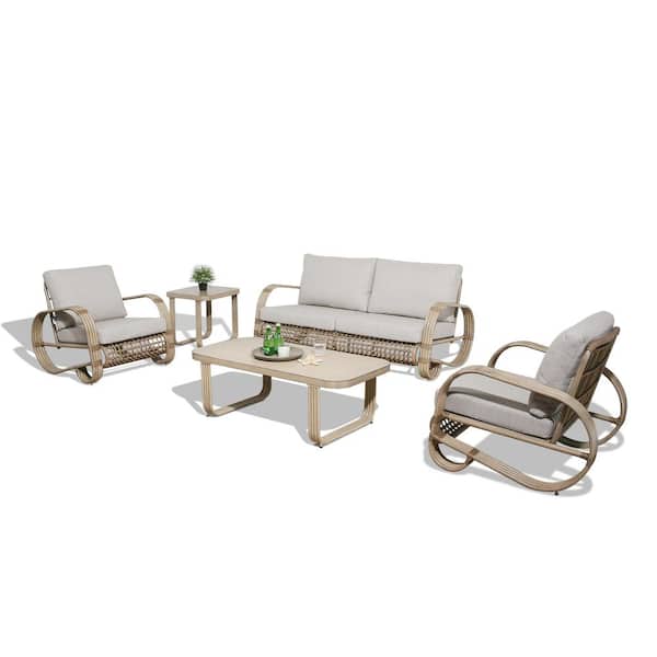 ULAX FURNITURE 5-Piece Aluminum Patio Conversation Set with Club Chairs, Sofa and Tables