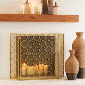 Brass Metal Geometric Foldable Mesh Netting 3 Panel Fireplace Screen with Circle Pattern