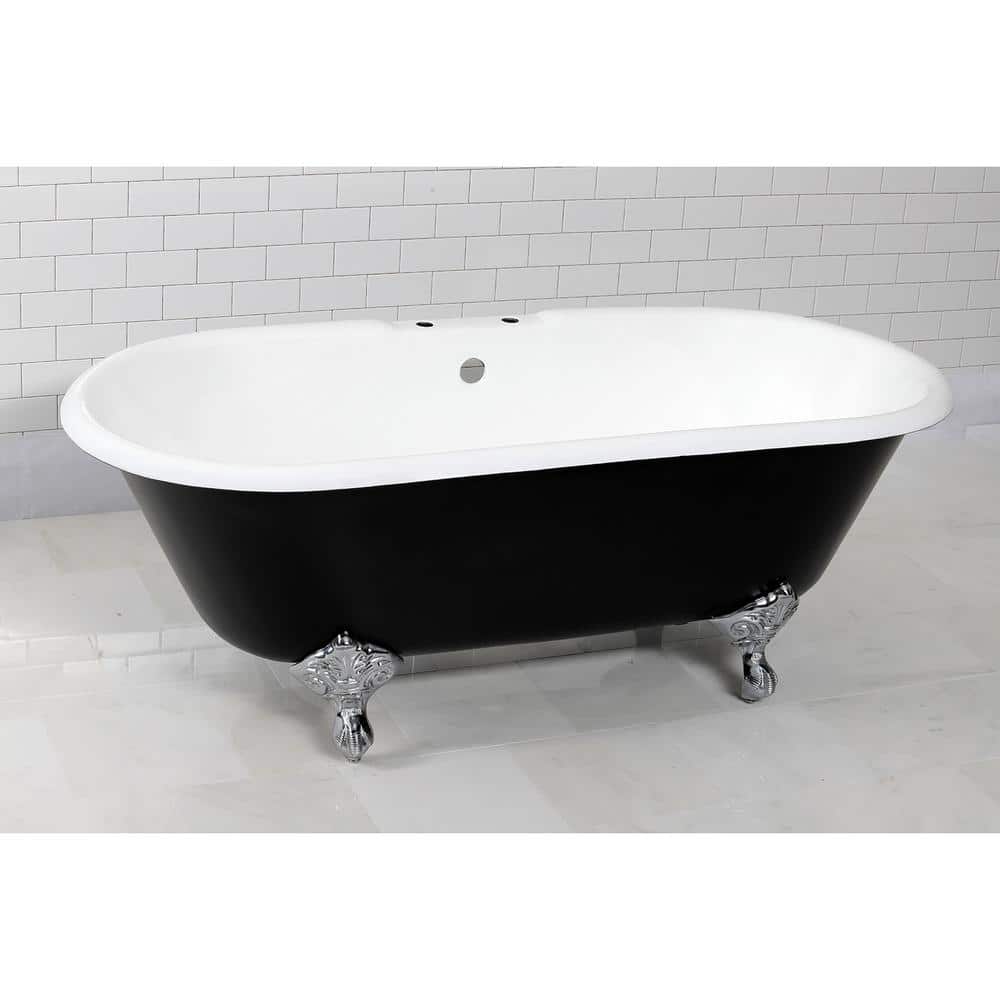 Classic 66-Inch Black and White Cast Iron Clawfoot Bathtub with Polished Chrome Feet