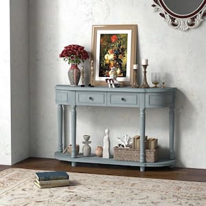 52 in. Blue Specialty Wood Long Sofa Table with 2-Drawers And Open Shelf Retro Console Table with Storage