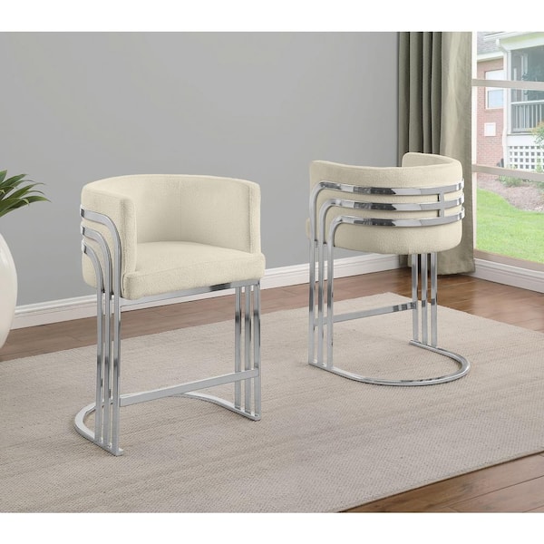 Best Quality Furniture Auron 24 in. Cream Low Back Metal Frame Counter Stool with Teddy Fabric Set of 2