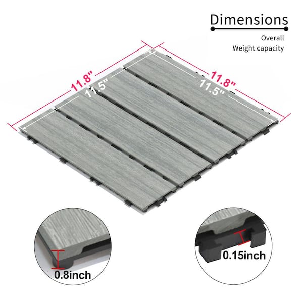GOGEXX 11.8 in. W x 11.8 in. L Outdoor Striped Pattern WPC Composite Interlocking Flooring Deck Tiles (Set of 22) in Dark Gray