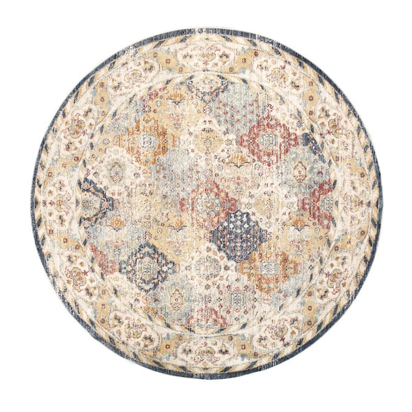 Pasargad Home Heritage Light Blue 6 ft. x 6 ft. Round Polypropylene and Polyester Oriental Area Rug