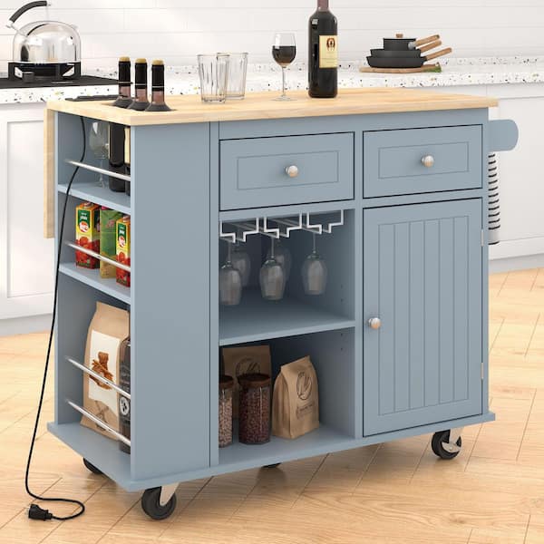 Rolling Blue Drop Leaf Wood Top 40 in. Kitchen Island Cart with Power Outlet, Open Storage and Wine Rack, 5 Wheels