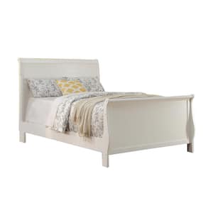 White Finish Full Size Bed with Solid Wood Headboard