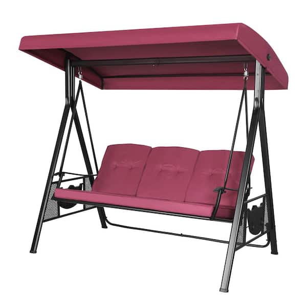 VEIKOUS 3-Seat Converting Canopy Patio Swing Steel Lounge Chair with Cushions in Wine Red