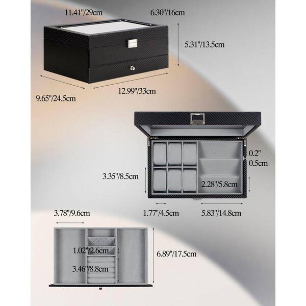 6-Slot Watch Box with 3 Sunglass Slots-Glass Lid Jewelry Organizer