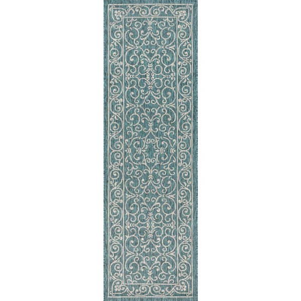 Charleston Teal/Gray 2 ft. x 10 ft. Vintage Filigree Textured Weave Indoor/Outdoor Runner Rug