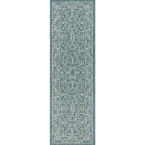 Charleston Vintage Filigree Textured Weave Teal/Gray 2 ft. x 8 ft. Indoor/Outdoor Runner Rug