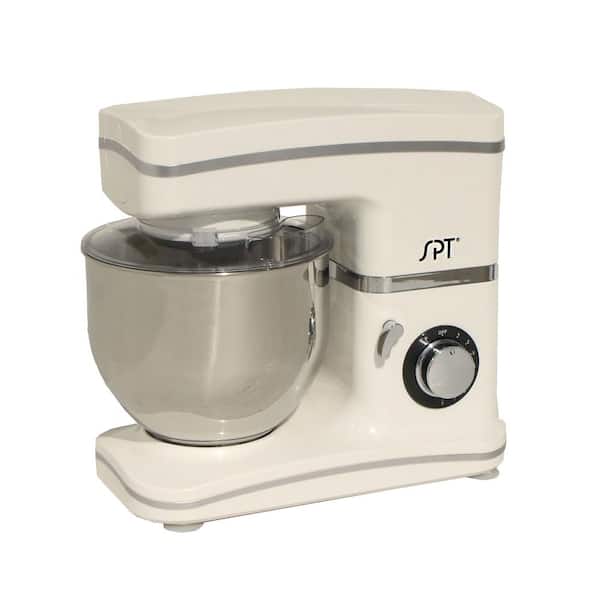 SPT 5.5 Qt 8-Speed Tilt Head White Stand Mixer with Whisk, Kneading Hook and Mixer Blade Attachments