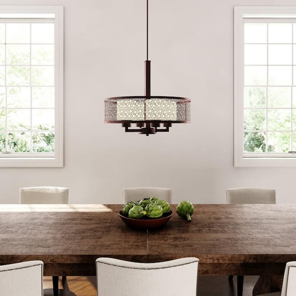 Mingle Collection 4-Light Antique Bronze Pendant with Natural Parchment Glass