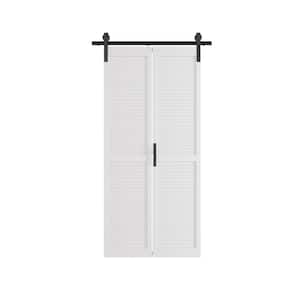 30 in. x 84 in. White, Finished, MDF, Bi-Fold Style, Need to Assemble, Louvered Sliding Barn Door with Hardware Kit